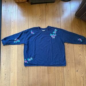 Woman Within Embroidered Floral Sweatshirt SZ 3X Navy Purple Teal Crewneck
